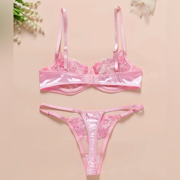 Gigi Angelic Pink Floral Embroidered Sheer Bow Bra + Panty Thong Lingerie Set - Picture 2 of 7